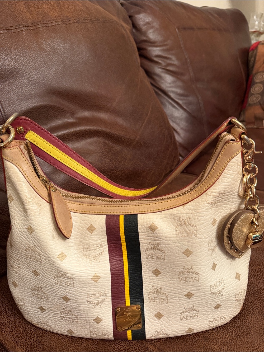 MCM Visetos Cream Leather Hobo with Burgundy, Black & Yellow Stripes